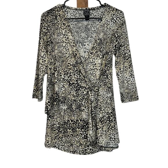 Clara Sun Wool Tan & Black‎ Cheetah Print Faux Wrap Top Size XS - Picture 1 of 8